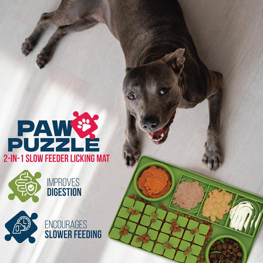 Palz&Co Paw Puzzle Non-skid Silicone Slow Feeding Dog & Cat Mat, Large: Green