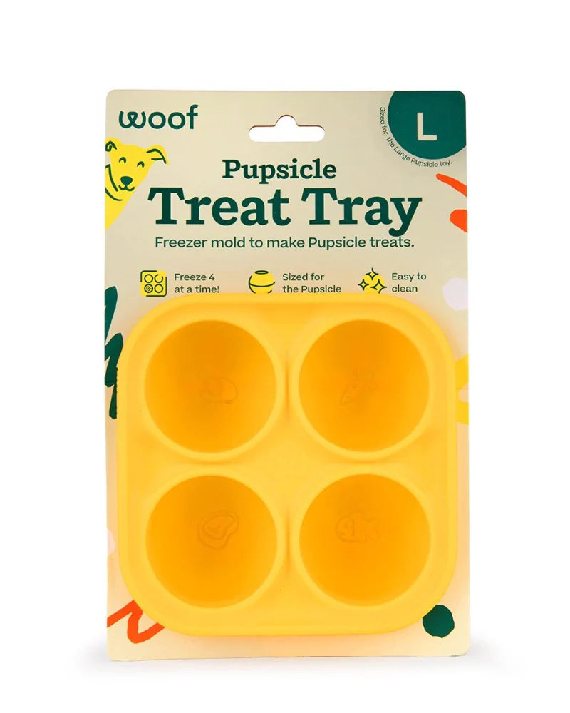 Pupsicle Treat Tray packaging with yellow mold shapes on a beige background