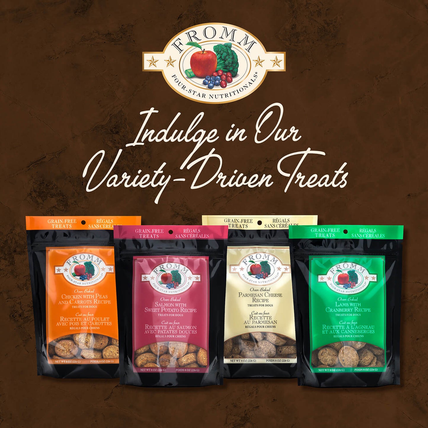 Four bags of Romm pet food with the brand logo and text on a brown background