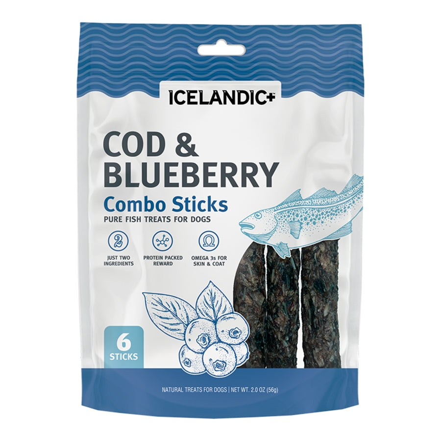 Package of Icelandic Cod & Blueberry Combo Sticks for dogs on a white background