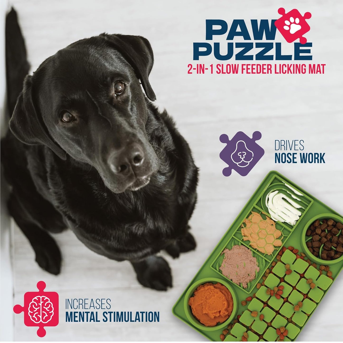 Palz&Co Paw Puzzle Non-skid Silicone Slow Feeding Dog & Cat Mat, Large: Green
