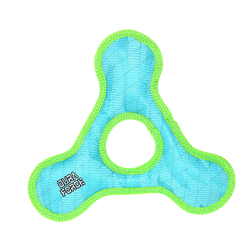 Tuffy Duraforce Trangle Ring tough dog toy in blue and green with squeaker