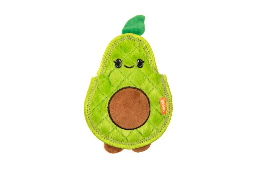 Plush avocado toy with a smiling face on a white background