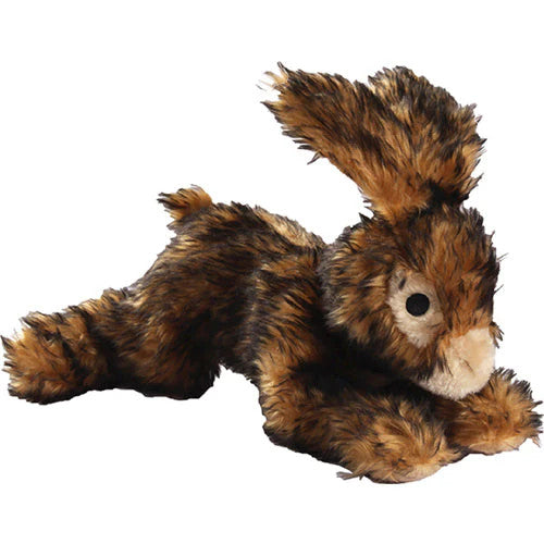8-inch Petlou rabbit plush dog toy in natural bunny shape with embroidered facial details, durable soft plush, and built-in squeaker for playful pups.