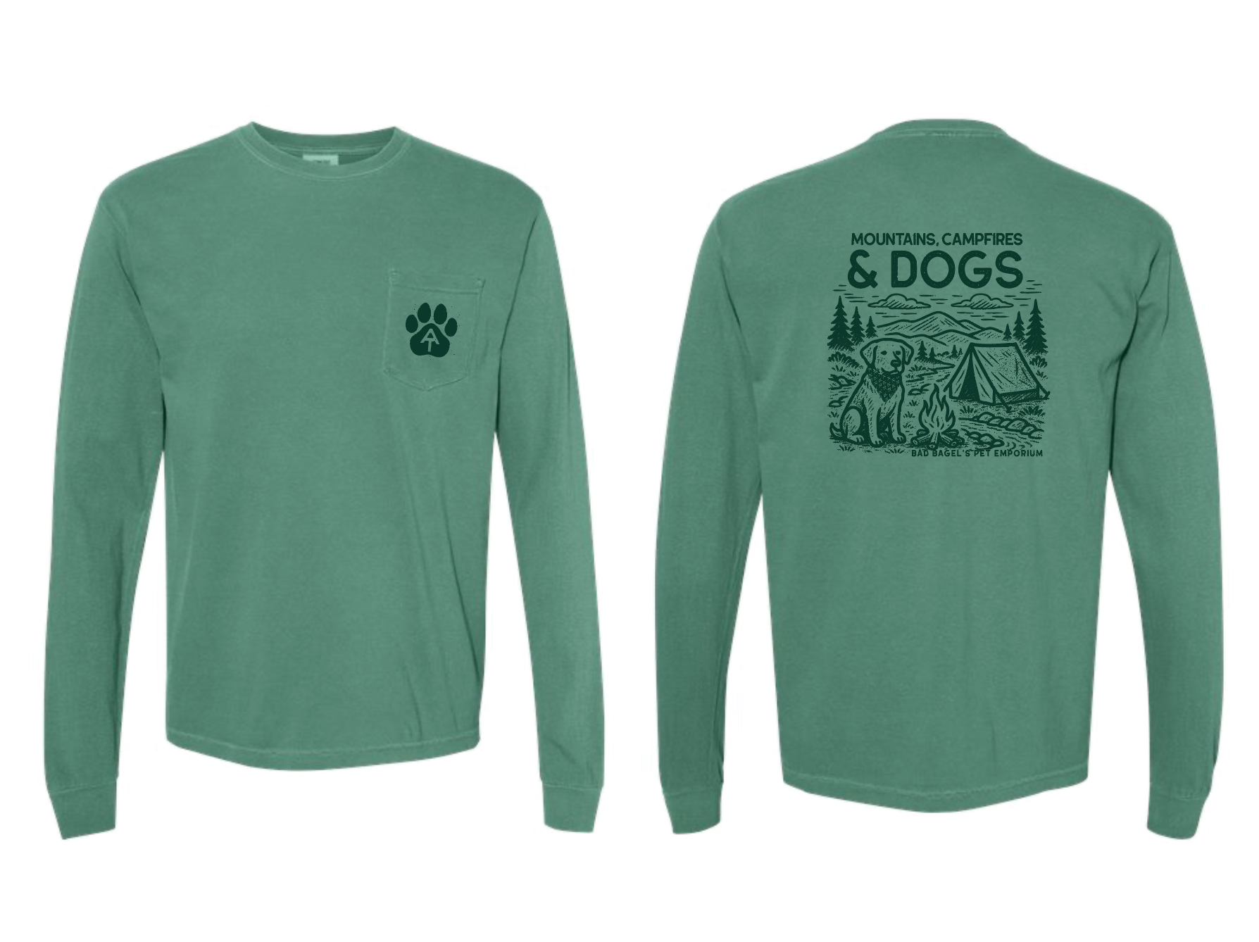 Mountains, Campfires & Dogs - Long Sleeve Pocket Tee Shirt