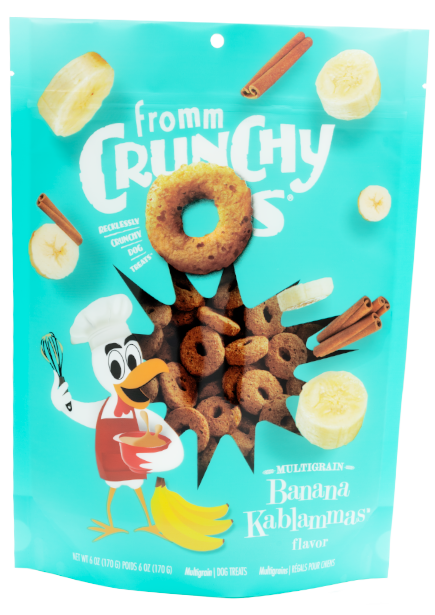 Package of Crunchy O's cereal with a cartoon character on a blue background