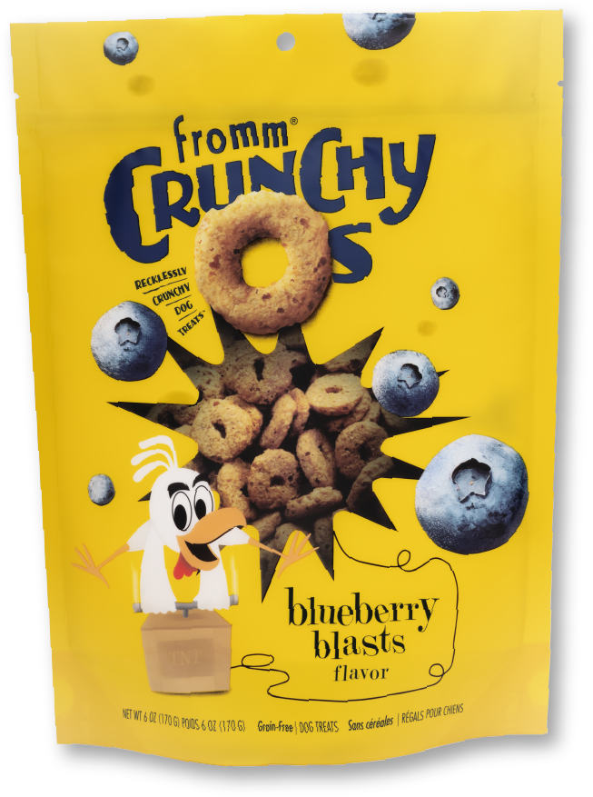 Packaging of Fromm Crunchy O's blueberry blasts flavor with a cartoon character on a yellow background.