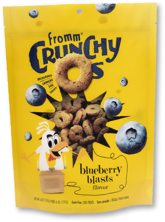 Packaging of Fromm Crunchy O's blueberry blasts flavor with a cartoon character on a yellow background.