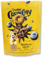 Packaging of Fromm Crunchy O's blueberry blasts flavor with a cartoon character on a yellow background.