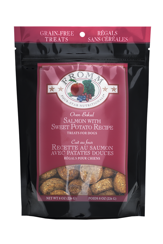 Package of Fromm grain-free dog treats with salmon and sweet potato recipe