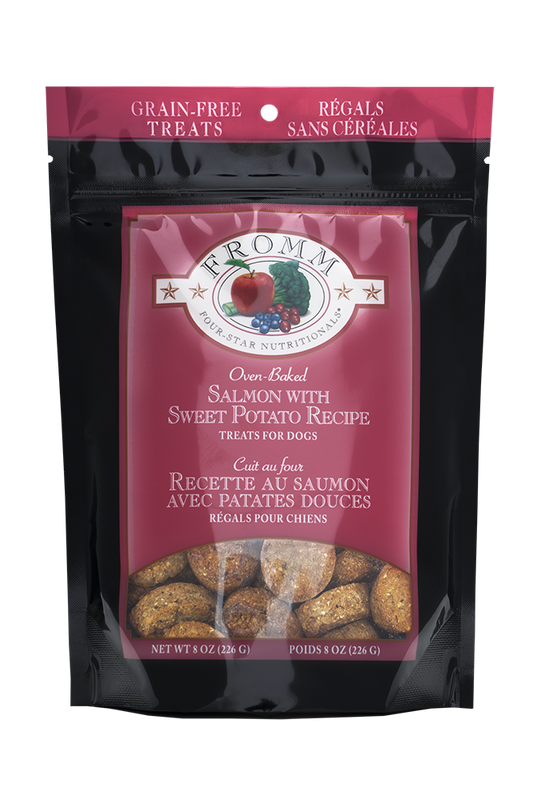 Package of Fromm grain-free dog treats with salmon and sweet potato recipe