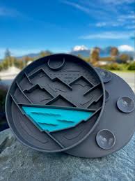 Black and blue object on a rock with a blue sky and mountains in the background