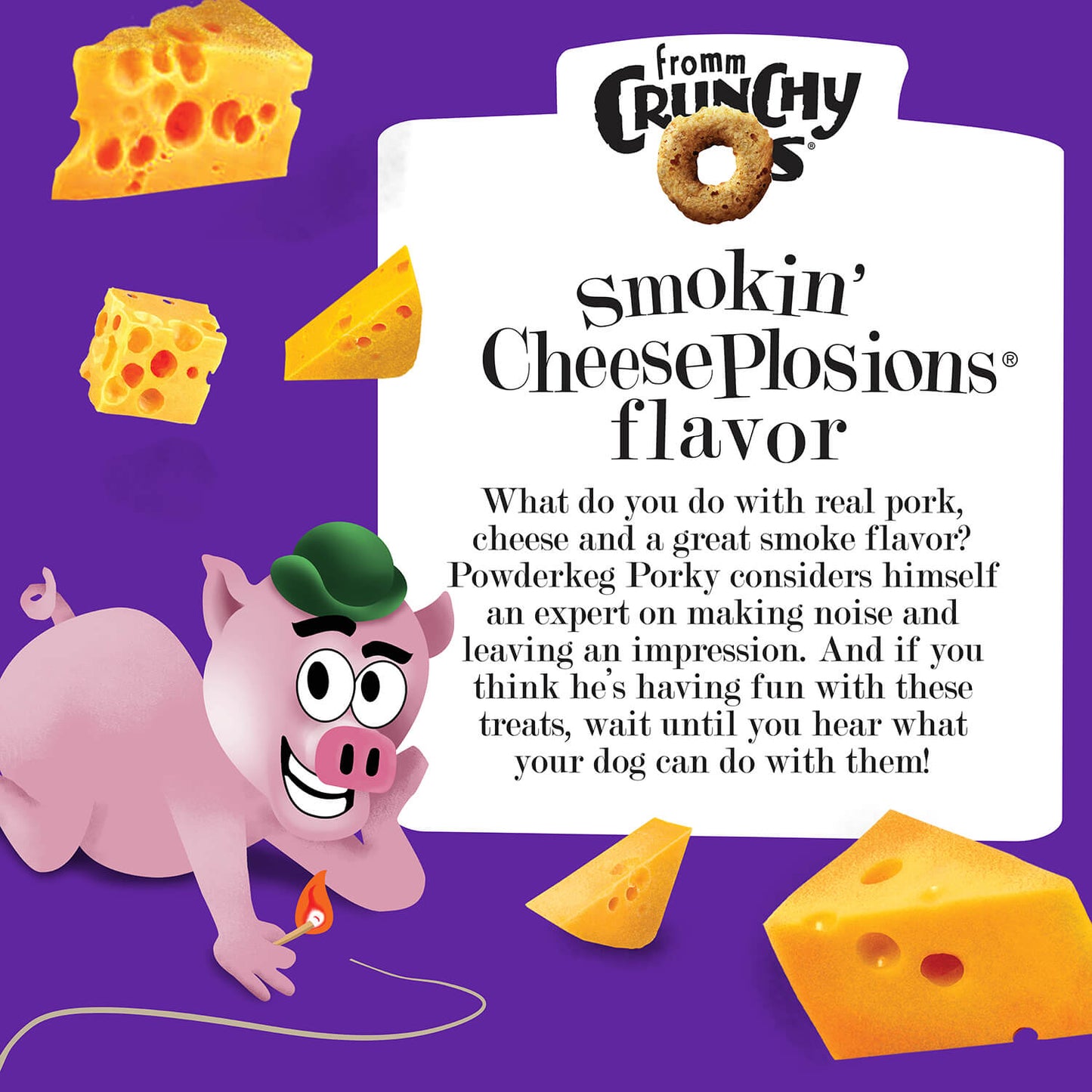 Advertisement for Crunchy O's smokin' CheesePlosions flavor with a cartoon pig and cheese slices in Damascus Virginia