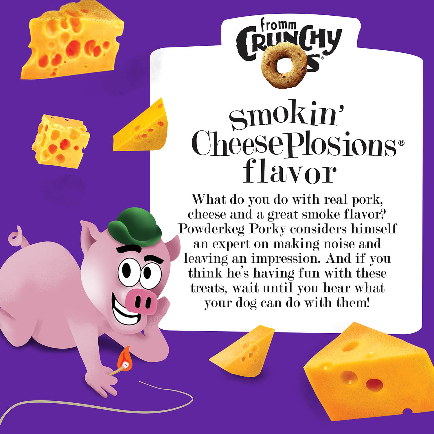 Advertisement for Crunchy O's smokin' CheesePlosions flavor with a cartoon pig and cheese slices in Damascus Virginia