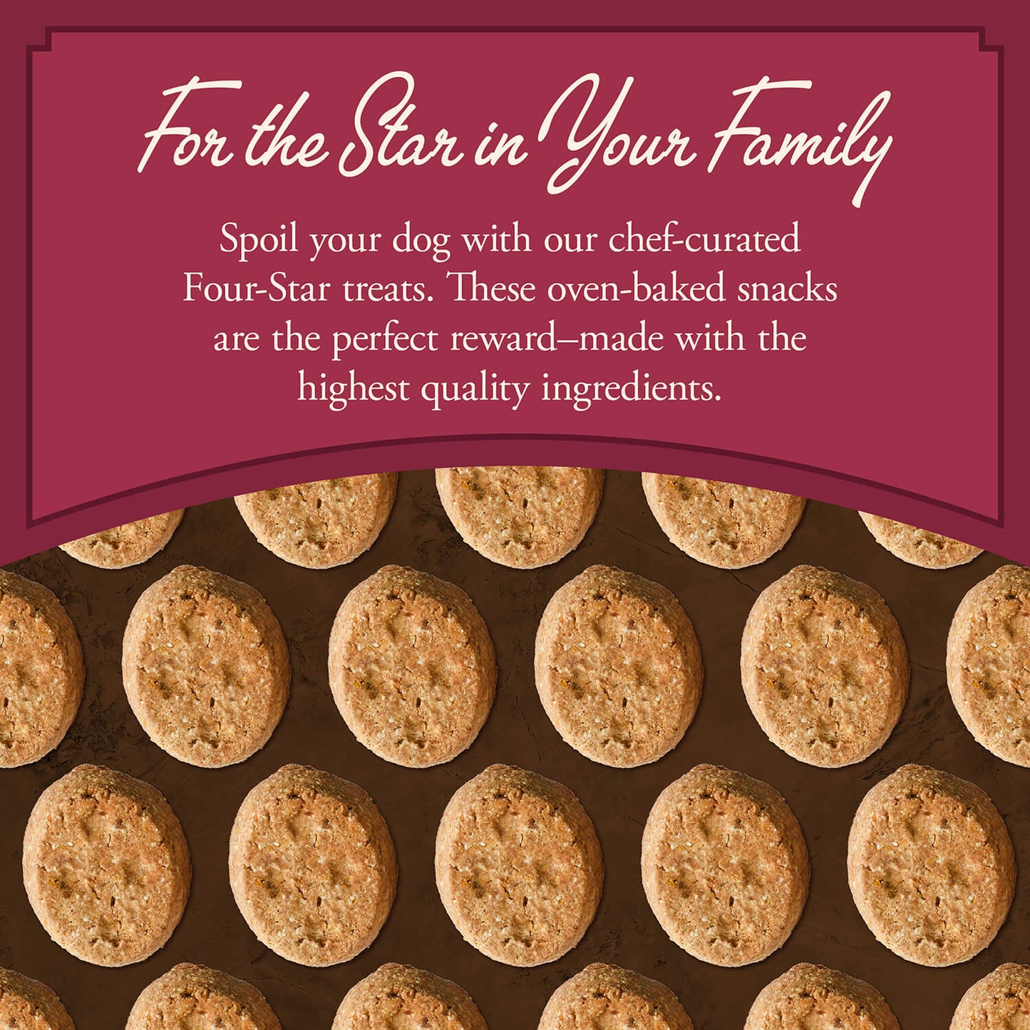 Dog treats with text about Four-Star treats on a brown background
