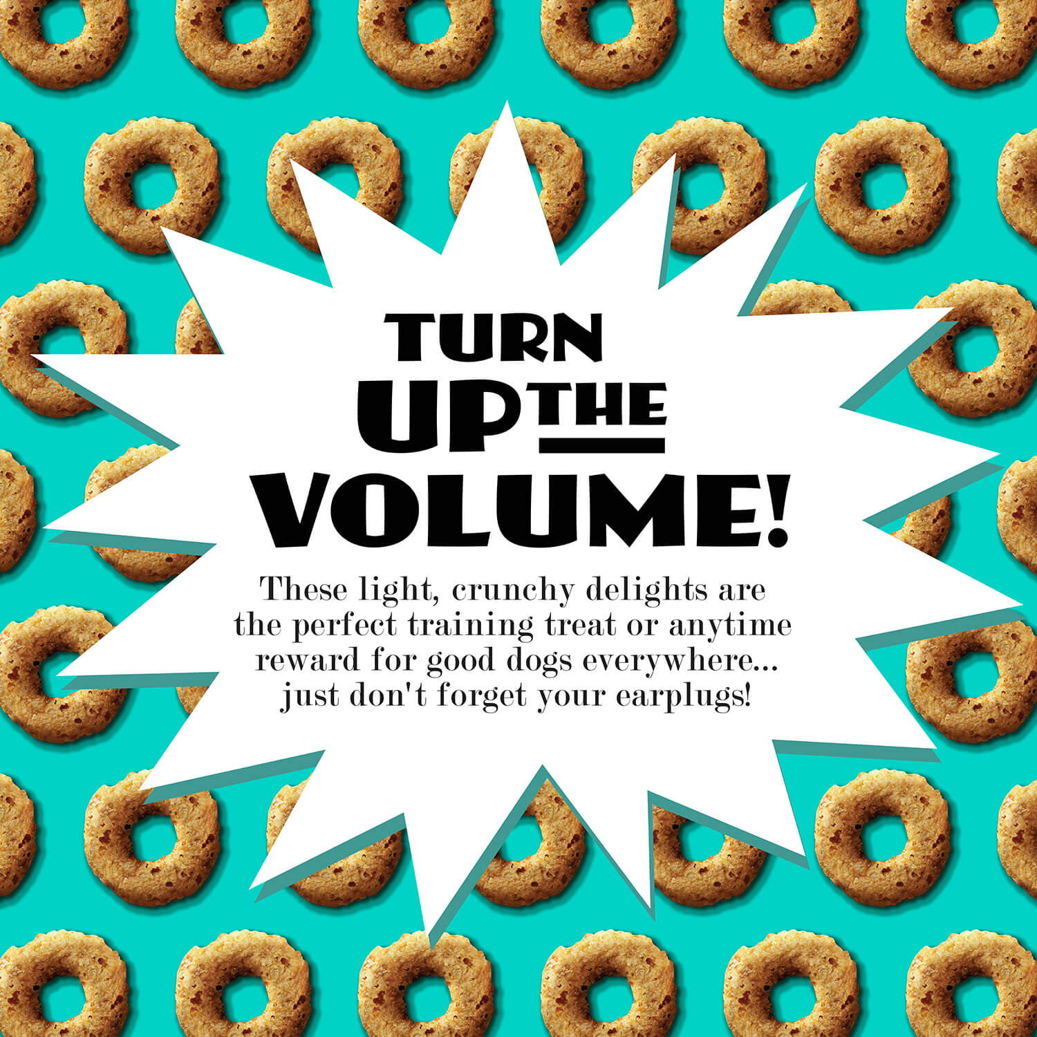 Pattern of dog treats with text overlay on a blue background