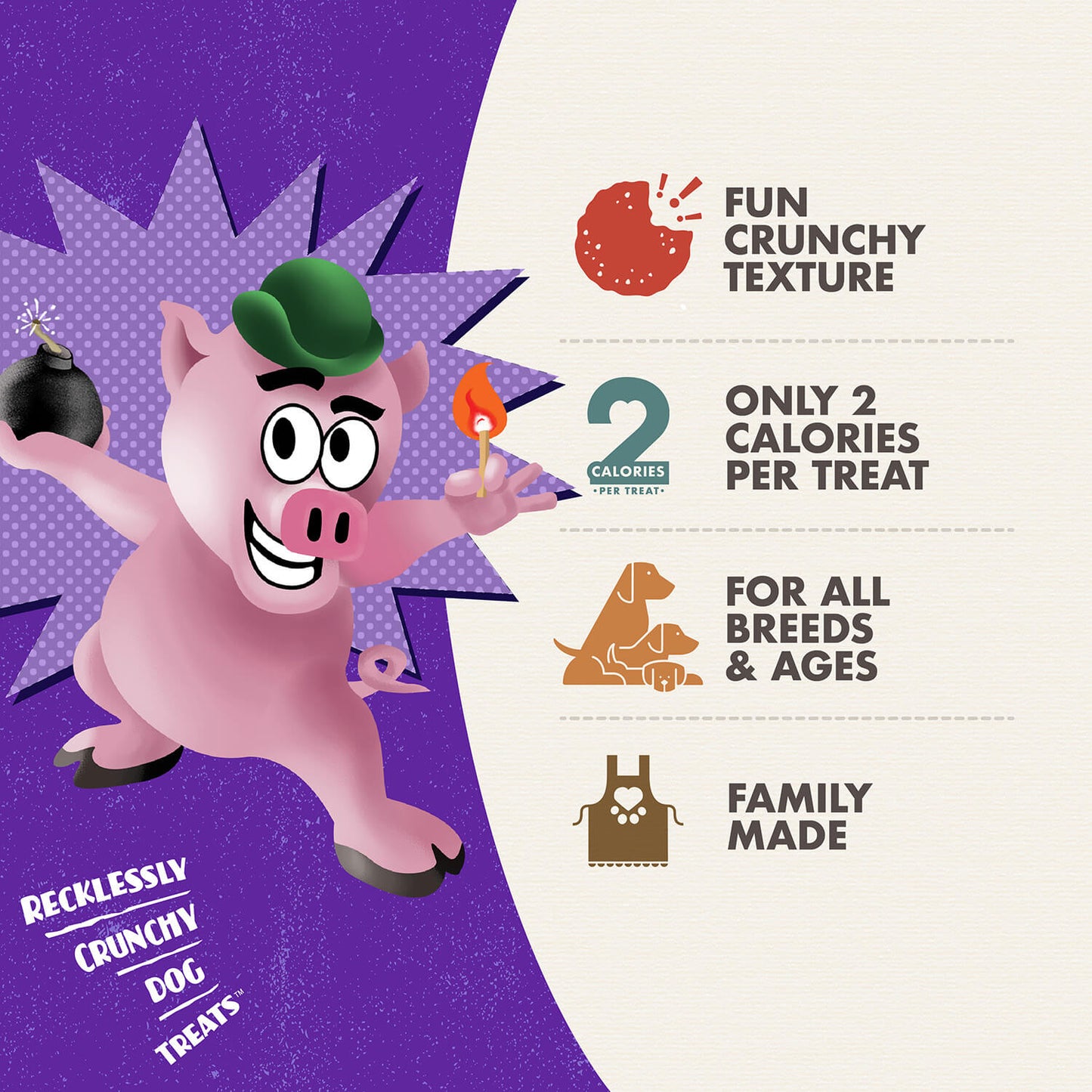 Cartoon pig character with dog treats packaging featuring text about the product's features.
