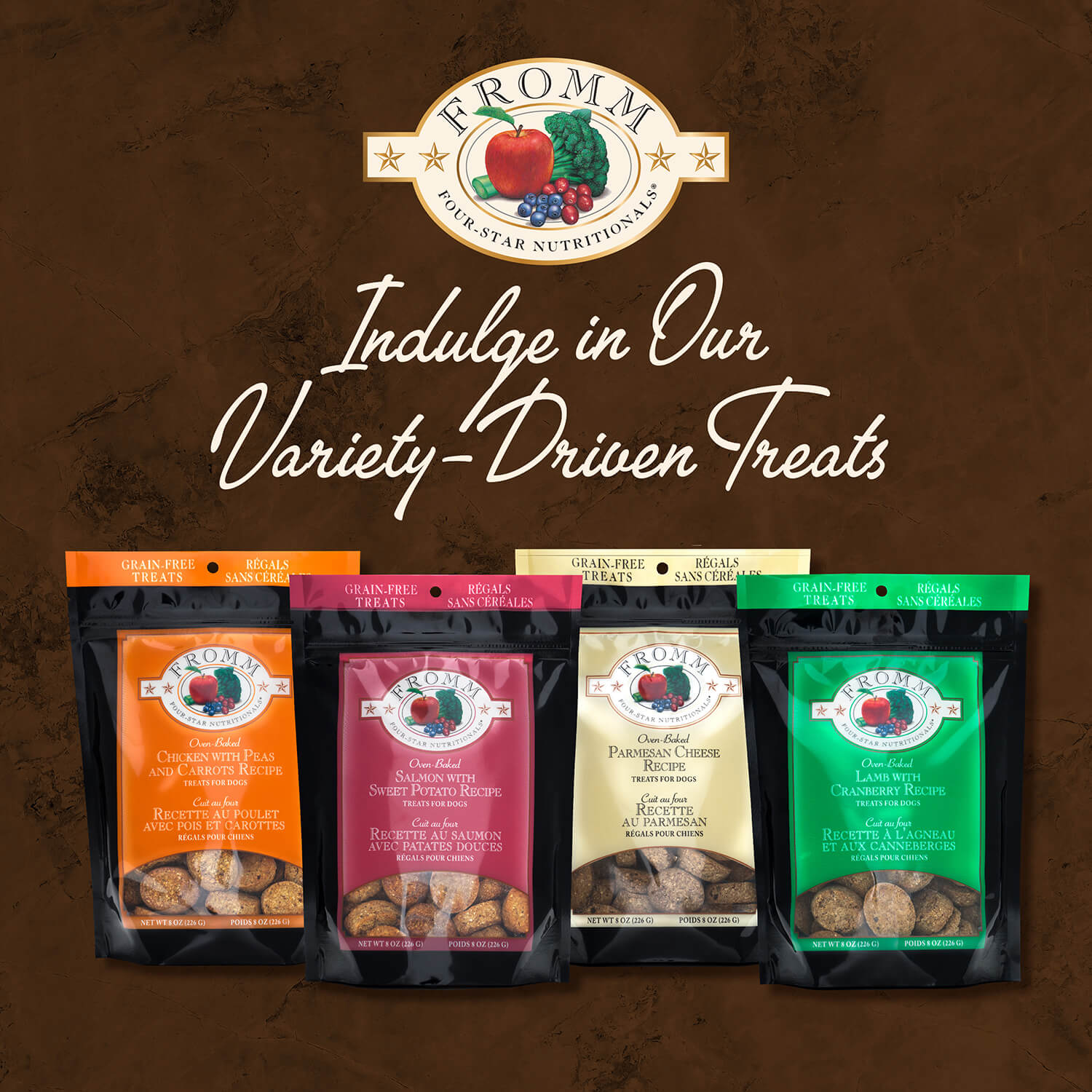 Four bags of Romm pet food with the brand logo and text on a brown background